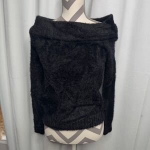 Black fuzzy faux fur off the shoulder sweater‎